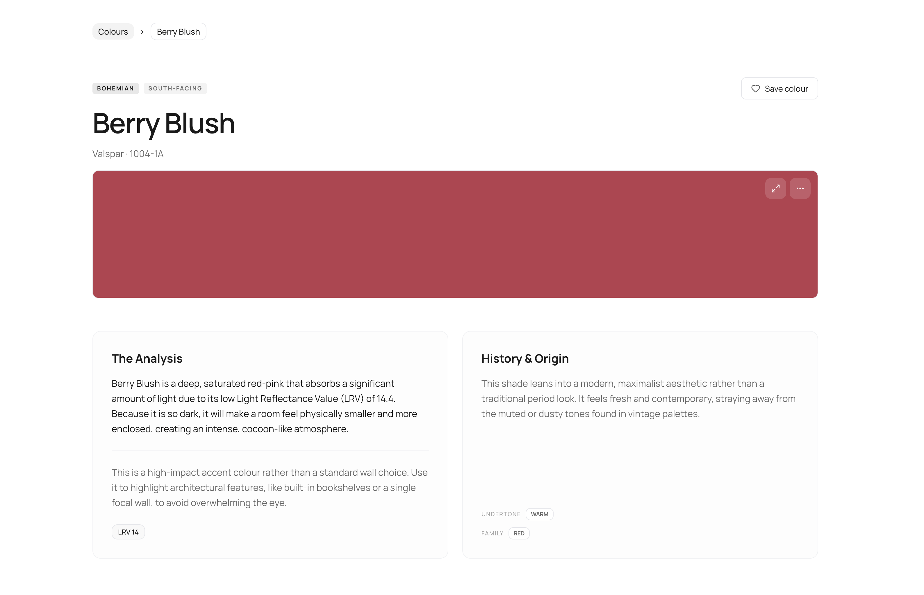 Detailed colour profile page showing LRV, undertone and light behaviour