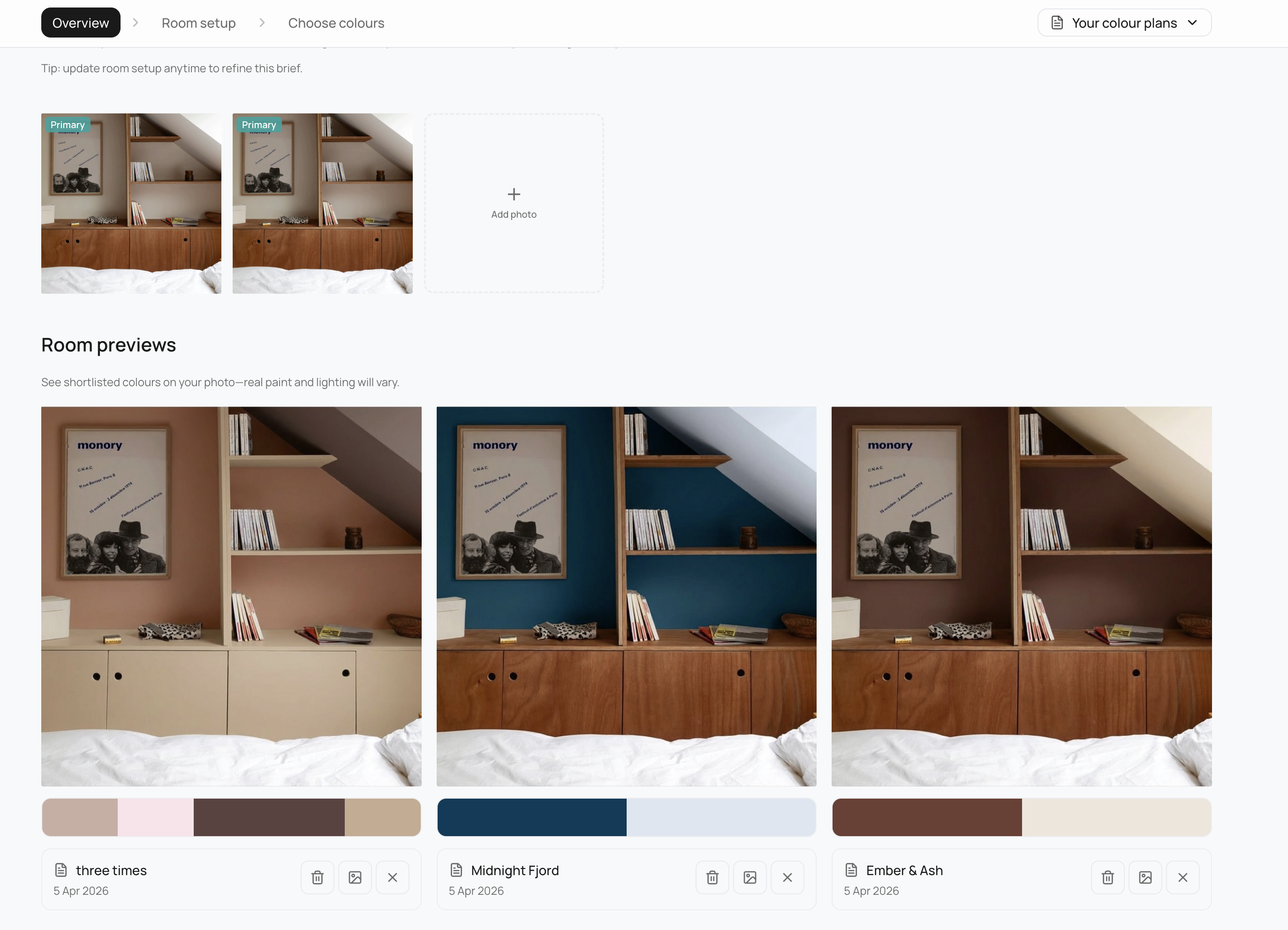 AI room render showing palette applied to a real room photo